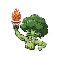 Muscular Broccoli Clipart Slam Dunking a Flaming Basketball