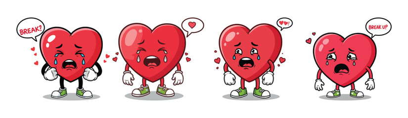 Sad Heart Breakup Cartoon Clipart Set Crying Heart Characters with Speech Bubbles on White Background