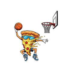 Funny Pizza Slice Slam Dunking Basketball Clipart Cartoon Food Character with Goggles and Cheese