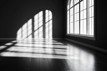 Sunlight casts dramatic shadows in an empty room