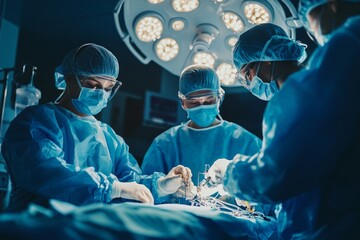 Team of surgeons in operating room performing surgery under bright lights, wearing masks and scrubs.