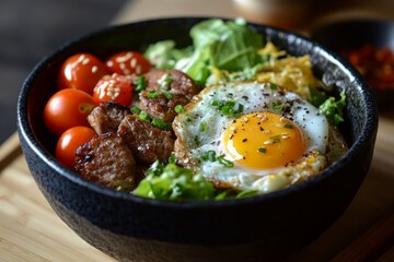 Bowl of grilled meat, fried egg, cherry tomatoes, lettuce and rice, topped with herbs and sesame seeds.