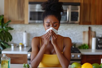 Woman sneezing into a tissue in a kitchen setting, surrounded by natural cold remedies like lemon.