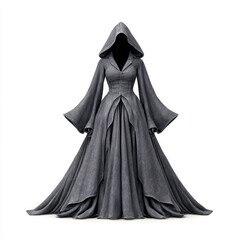 Naklejka premium An elegant gray hooded gown flows down in studio shot over white background.
