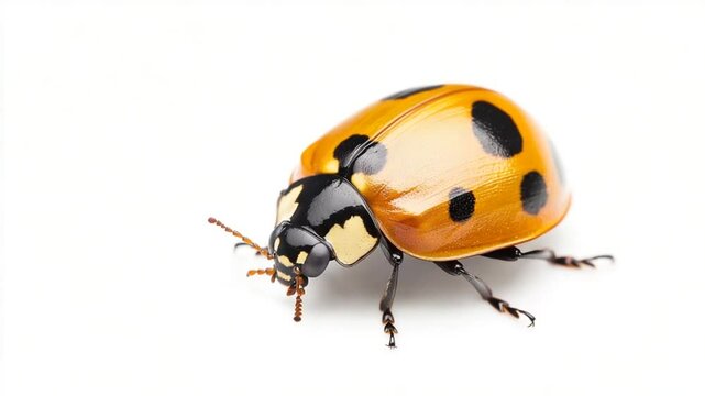 Close-up of a vibrant orange ladybug with black spots on a white background, showcasing its details