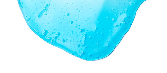 Blue liquid gel flowing, washing, shower fluid gel border, isolated on white background, dripping shampoo texture on white, body care cosmetic, texture of liquid gel, soap backdrop, top view 
