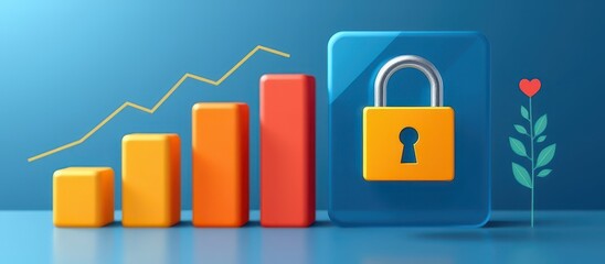 Safety financial progress concept. Growth chart with a lock symbolizing security in data or financial contexts.
