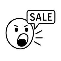 Shouting face with SALE speech bubble representing loud promotion – outline icon