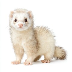 A cute ferret with light fur stands alertly against a white background.