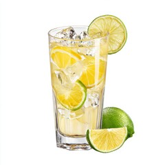 Refreshing lime and lemon drink with ice cubes served in a tall glass.