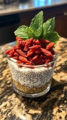 Healthy chia pudding with goji berries, quinoa and fresh mint leaves in a clear glass on marble table.