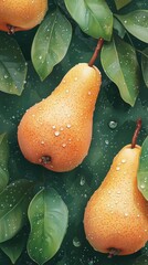 Fresh ripe pears with water drops on green leaves, vibrant and juicy fruit illustration.
