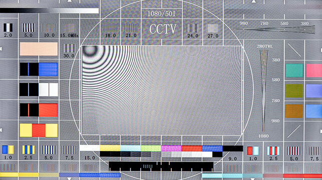 No Signal TV Test. Lcd Monitor. Flat Screen TV. Television Colored Bars Signal. SMPTE bars monoscope