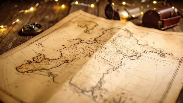 Vintage world map spread open on a rustic wooden table illuminated by soft string lights and accompanied by a treasure chest