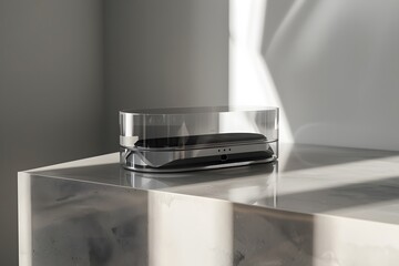 minimalist office desk scene with a transparent wireless speaker, modern product design aesthetic 
