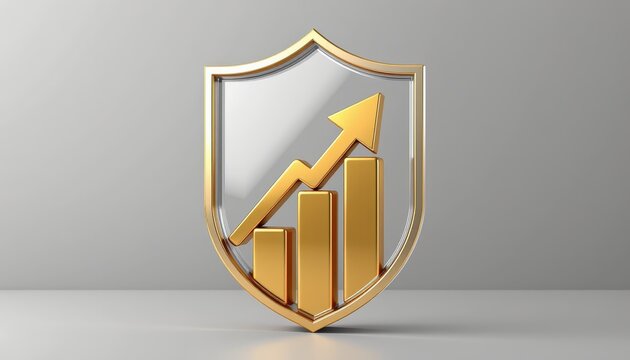 Safety financial progress concept. Golden shield with upward graph symbolizing growth and protection in finance.
