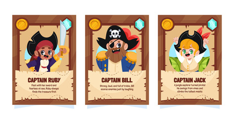 Fototapeta premium Pirates Adventures Cartoon Vertical Cards Set
