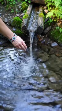 bare hand with beaded bracelet reaches into crystal-clear stream from mossy conduit, creating effervescent bubbles and ripples in tranquil rock pool, surrounded by lush ferns & moss, serene nature