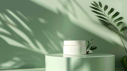 White cosmetic cream jar on a green podium with plant shadows creating a natural and minimal presentation