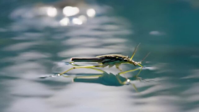 Water Strider Insect Close-Up Gliding on Rippling Blue Water Surface