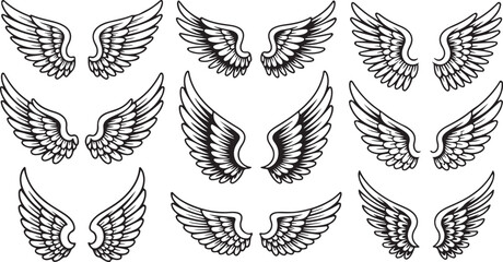 Fototapeta premium Wing Silhouette Set with Feathered Flight Art Design, Perfect for Freedom Sky Decor and Angelic Illustration