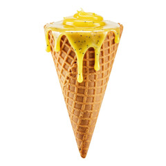 Delicious ice cream cone with yellow syrup dripping, set against a clean background