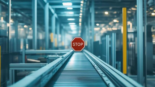 Stop sign floating over empty conveyor belt in large industrial warehouse