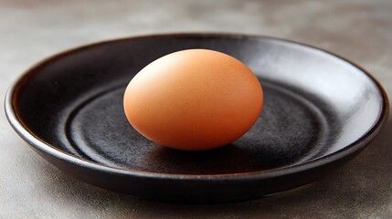 A single brown egg placed on a dark ceramic plate