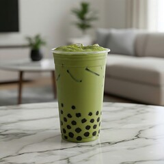 a tall, clear plastic cup of frothy matcha bubble tea with an abundance of tapioca pearls, positioned on a sleek marble countertop. The background is a gently blurred contemporary living room, 