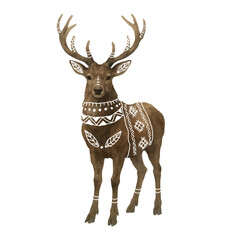 Vector freehand watercolor deer illustration isolated on white background. Hand drawn folk watercolour reindeer. Scandinavian ornament	
