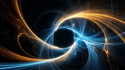 Abstract fractal design with swirling energy patterns of blue and gold creating a cosmic effect on a dark background. - Powered by Adobe