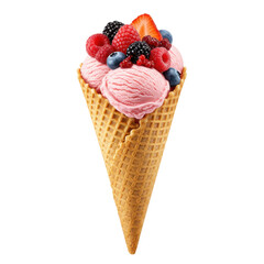 Delicious ice cream cone topped with fresh berries and strawberries against a white background