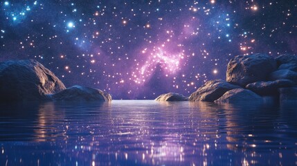 Cosmic reflections a chaotic galaxy scene over a serene lake with rocks surreal environment celestial viewpoint