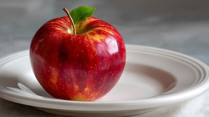 A vibrant red apple with a green leaf sits on a white plate.
