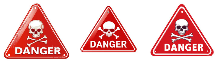 set of a Red triangular warning sign with a white skull-and-crossbones symbol and the text  danger, on a transparent background
