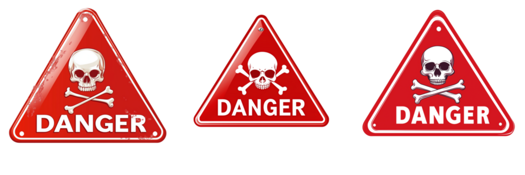 set of a Red triangular warning sign with a white skull-and-crossbones symbol and the text  danger, on a transparent background
 - Powered by Adobe