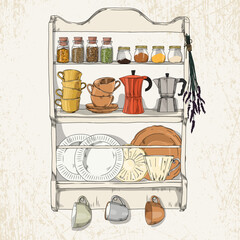 Hand-drawn illustration of a vintage-style wooden kitchen shelf on the wall with spice jars, a coffee maker, plates and hanging cups on a light textured background.