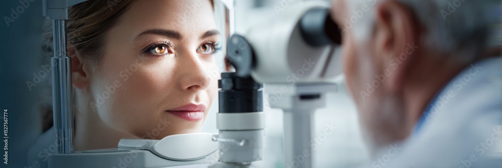 Poster doctor examining a patients eyes with a slit lamp in a medical setting during a routine check-up