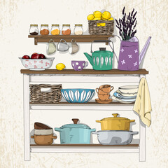 Hand-drawn illustration of a rustic kitchen shelf with baskets, dishes, glass jars, pots and cooking utensils on a vintage background.