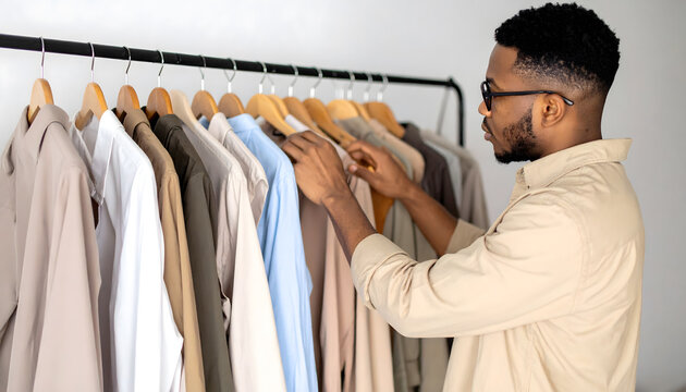 American African Man choosing clothes at home, Guy feel confused make decision about garment or apparel
