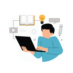 Online Learning and Digital Coursework vector illustration. A person is shown using a laptop, surrounded by icons representing different aspects of e-learning
