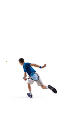 Rear view photo. Focused tennis player in sprint motion running to hit incoming ball against white studio background. Concept of professional sport, speed, reaction time, winning spirit
