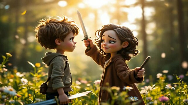 Young children engaged in playful sword fight in sunlit forest clearing during golden hour with dynamic movement and joyful expressions