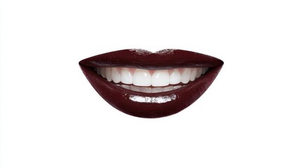 Naklejka premium Close-up of a smiling mouth with dark maroon glossy lipstick