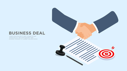 Businessman handshake, making business contract with documents and target group arrows on isolated background, vector design concept