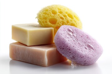 Bar of soap and sponge set on white