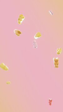 Summer 3D vertical loop animation falling gummy bear pink yellow many candy sweet juicy sugar doodle kids cartoon vintage retro vibe mockup copy space advertisement trendy cool pop poster background