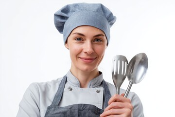 Female chef in uniform holding kitchen tools on white background