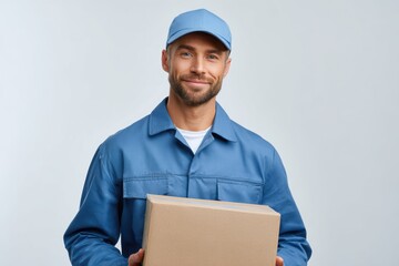 Delivery man holding cardboard box in uniform on white background