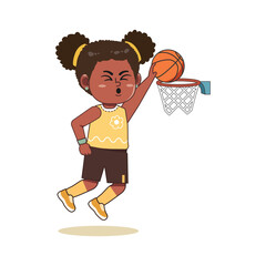 African American Cartoon cute little Girl playing basketball Slam Dunk Jump